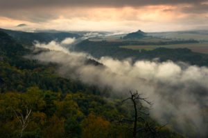 Mist over the Elbe river in Saxon Switzerland, picturesque sunrise, Germany Mist over the Elbe river in Saxon Switzerland, picturesque sunrise, Germany